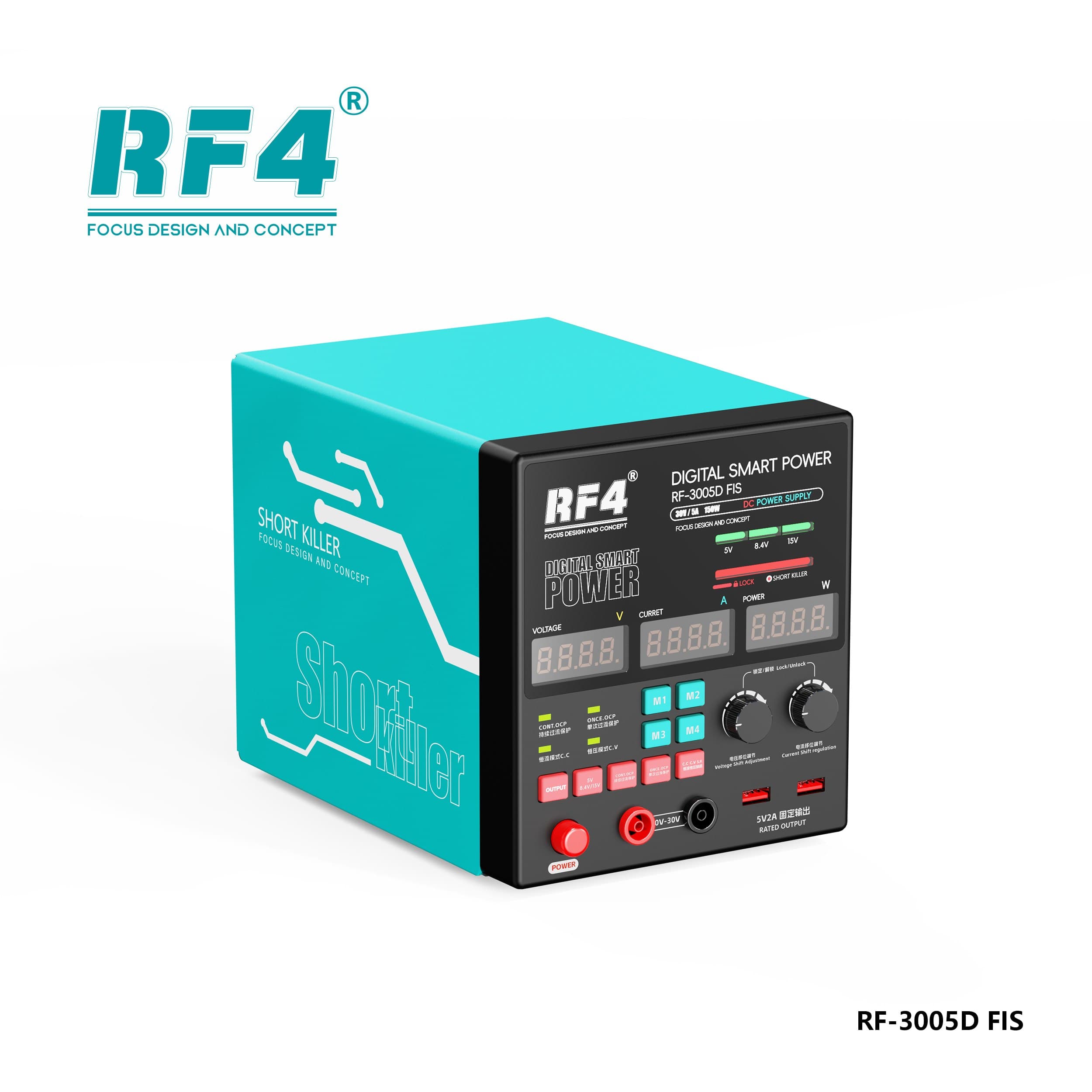 Fonte RF4 RF-3005D FIS — vista frontal do painel digital com displays de tensão, corrente e potência