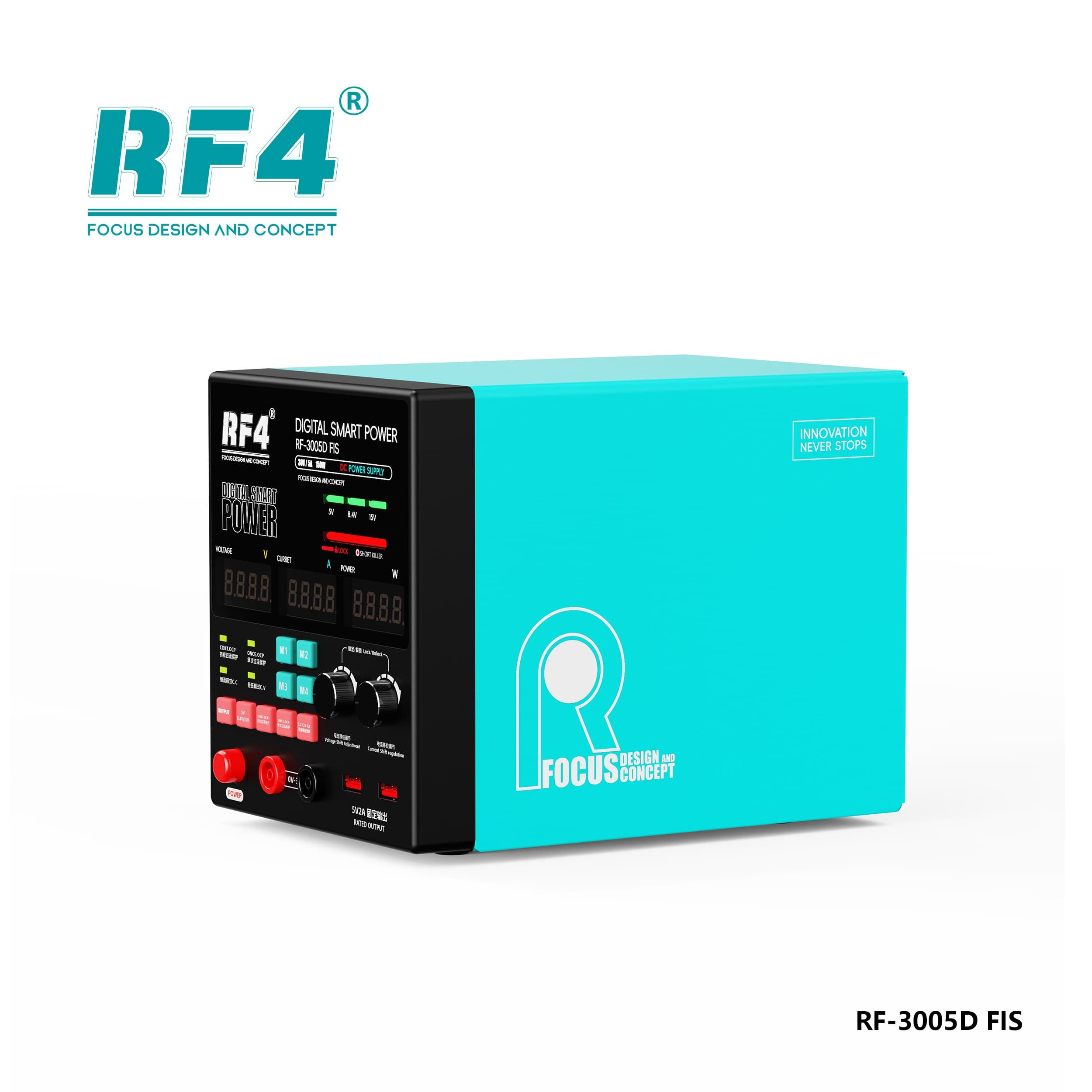 RF4 RF-3005D FIS — vista frontal em ângulo, painel e controles
