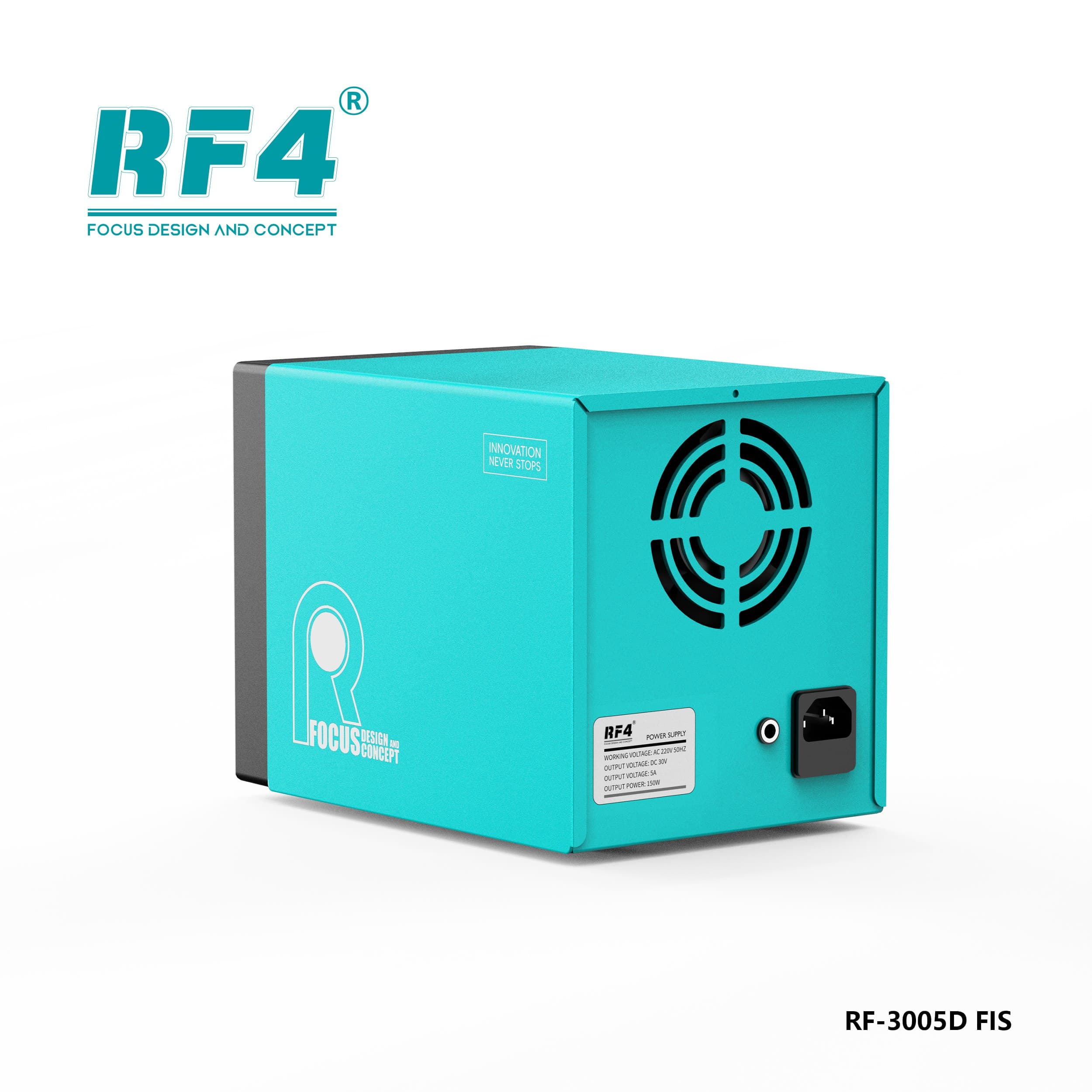 RF4 RF-3005D FIS — vista traseira com ventoinha, entrada AC e etiqueta de especificações