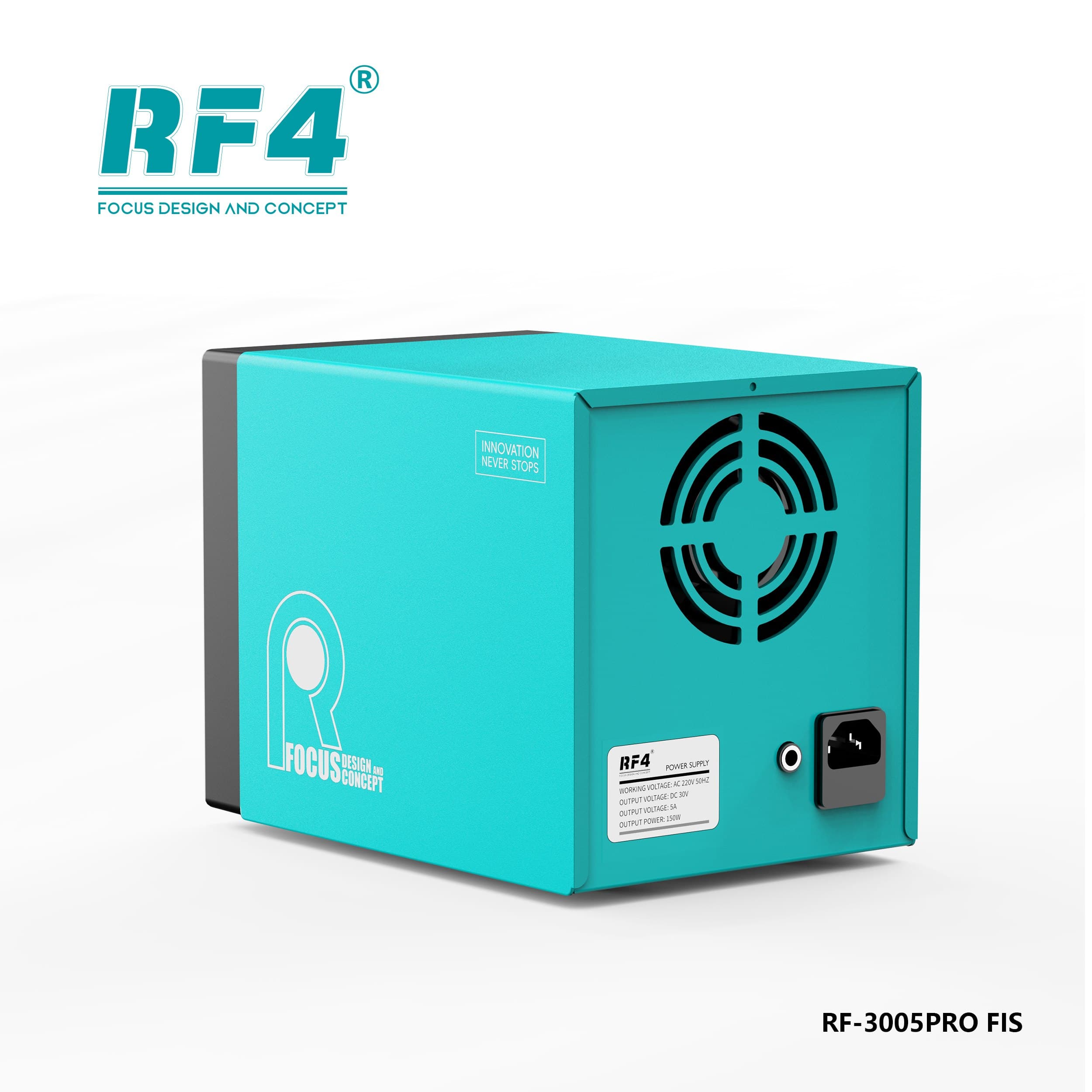 RF4 RF-3005PRO FIS — vista traseira com ventoinha, entrada AC e etiqueta de especificações