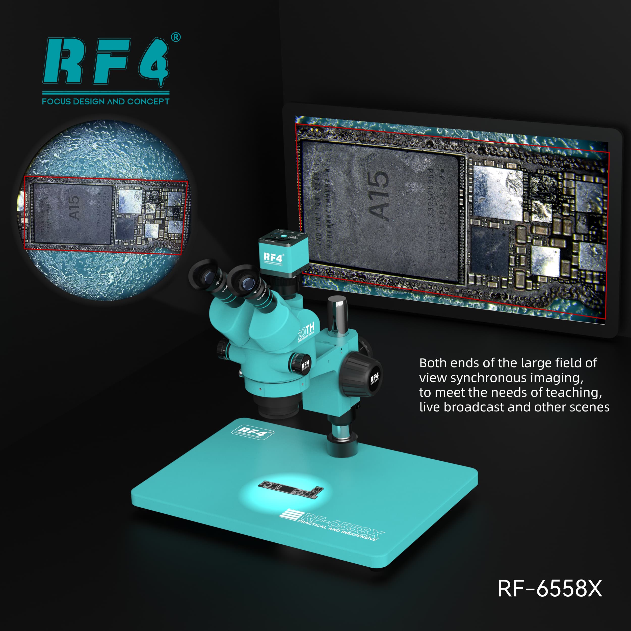Microscópio Trinocular RF4 RF-6558X em uso com câmera e tela