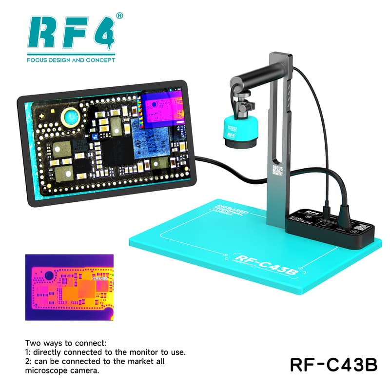 RF-C43B — setup com suporte de braço articulado e base de trabalho