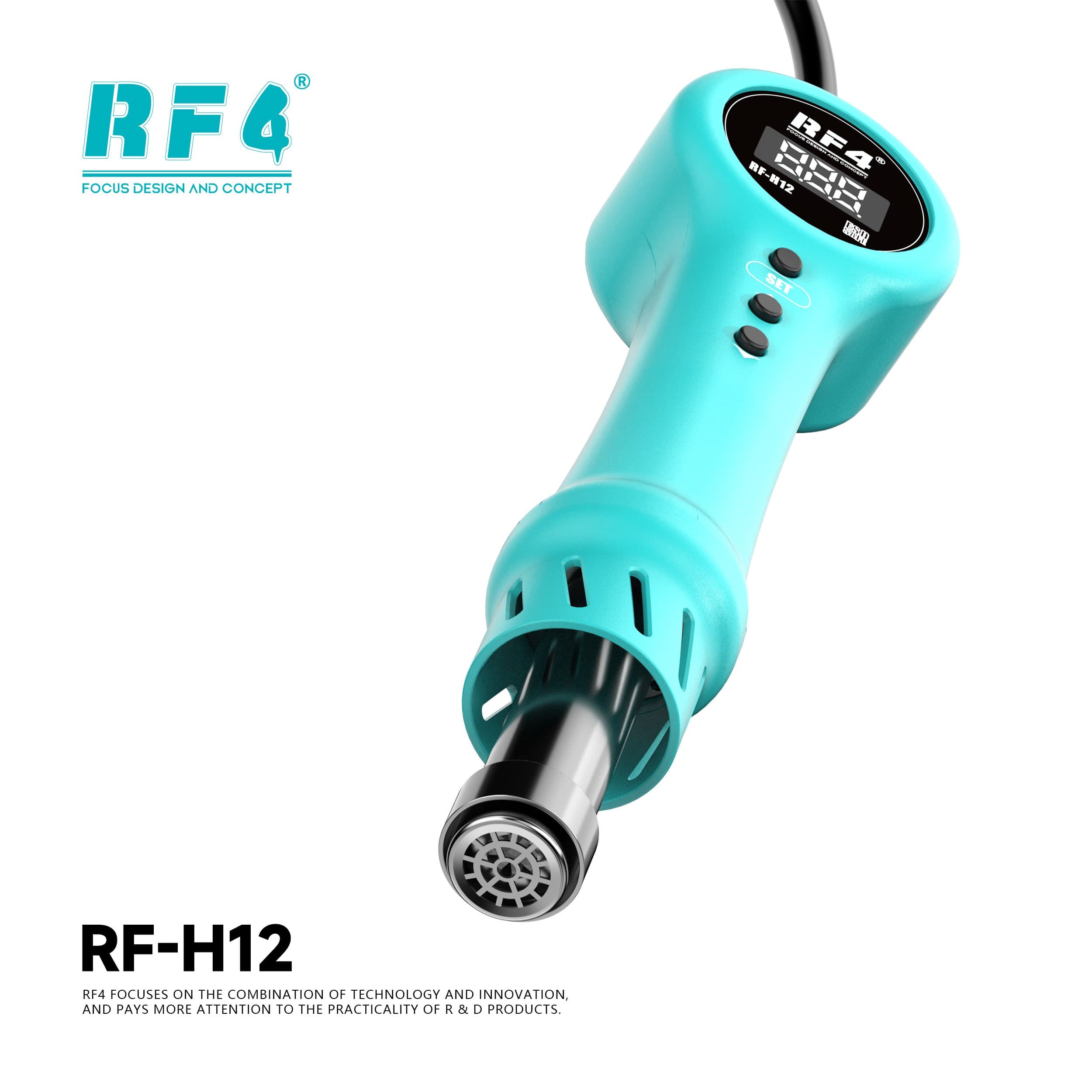 RF4 RF-H12 — close da pistola com display LCD e botões SET/▲/▼