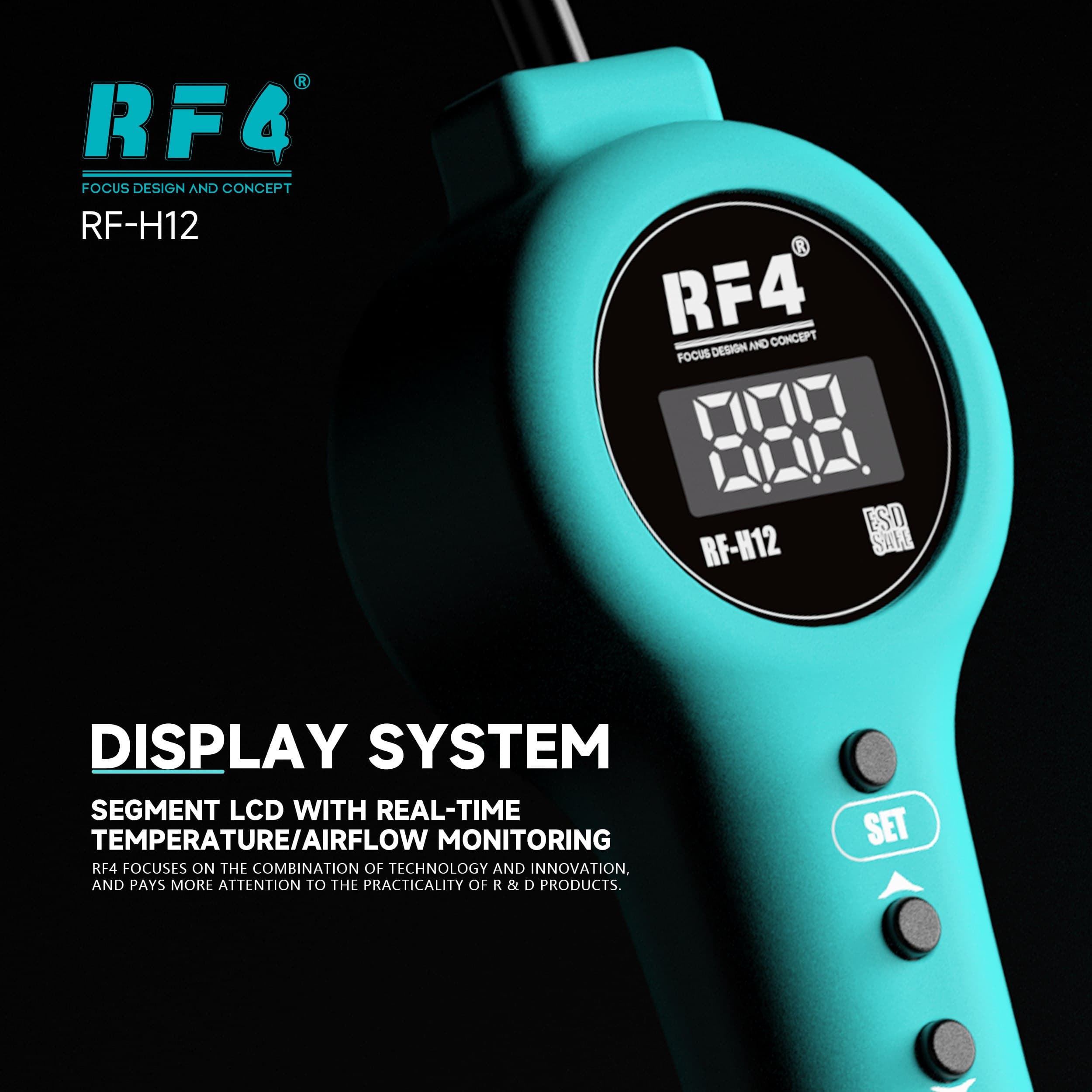 RF4 RF-H12 — display LCD de segmentos com temperatura e fluxo em tempo real