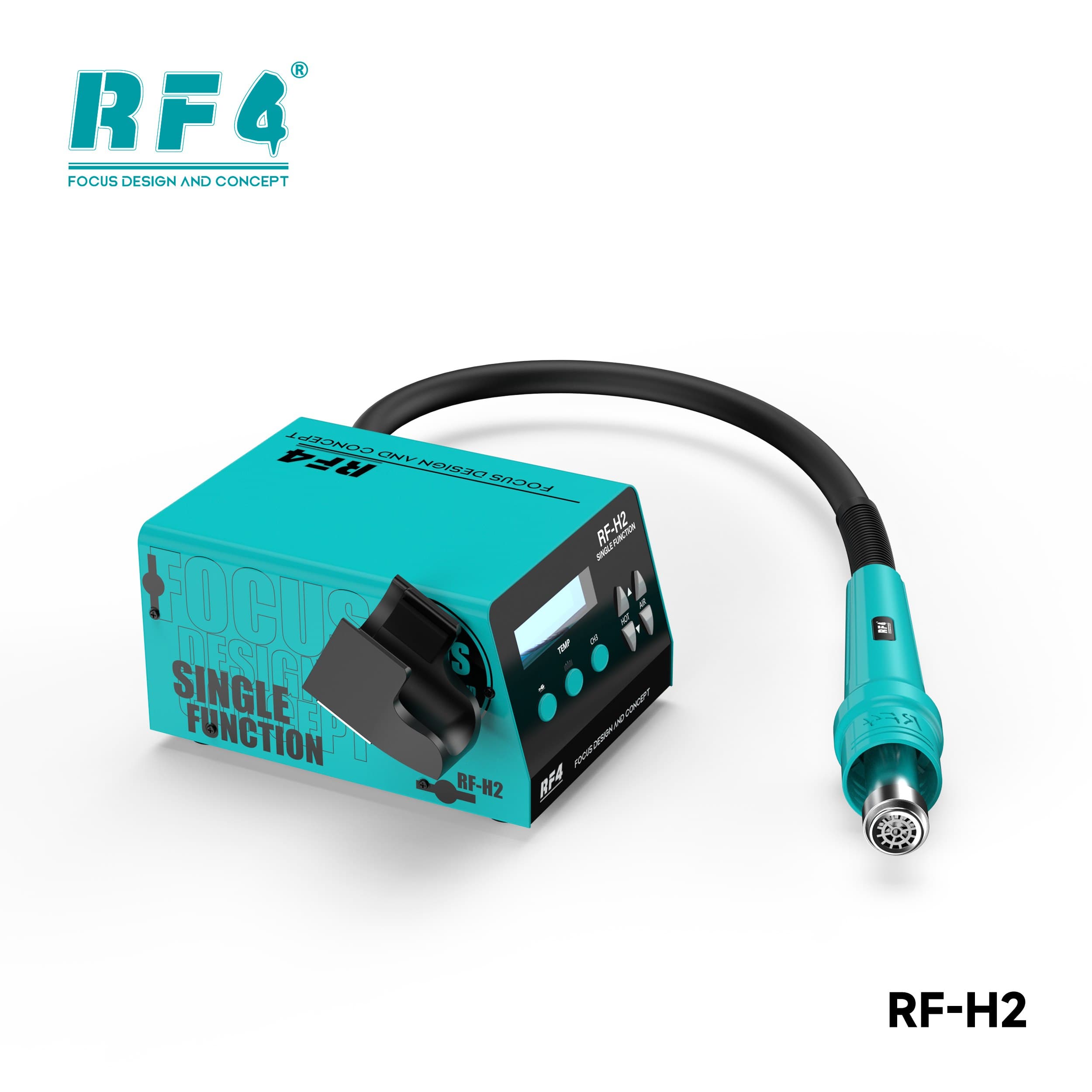 RF4 RF-H2 — frente com display digital, botões e suporte do soprador