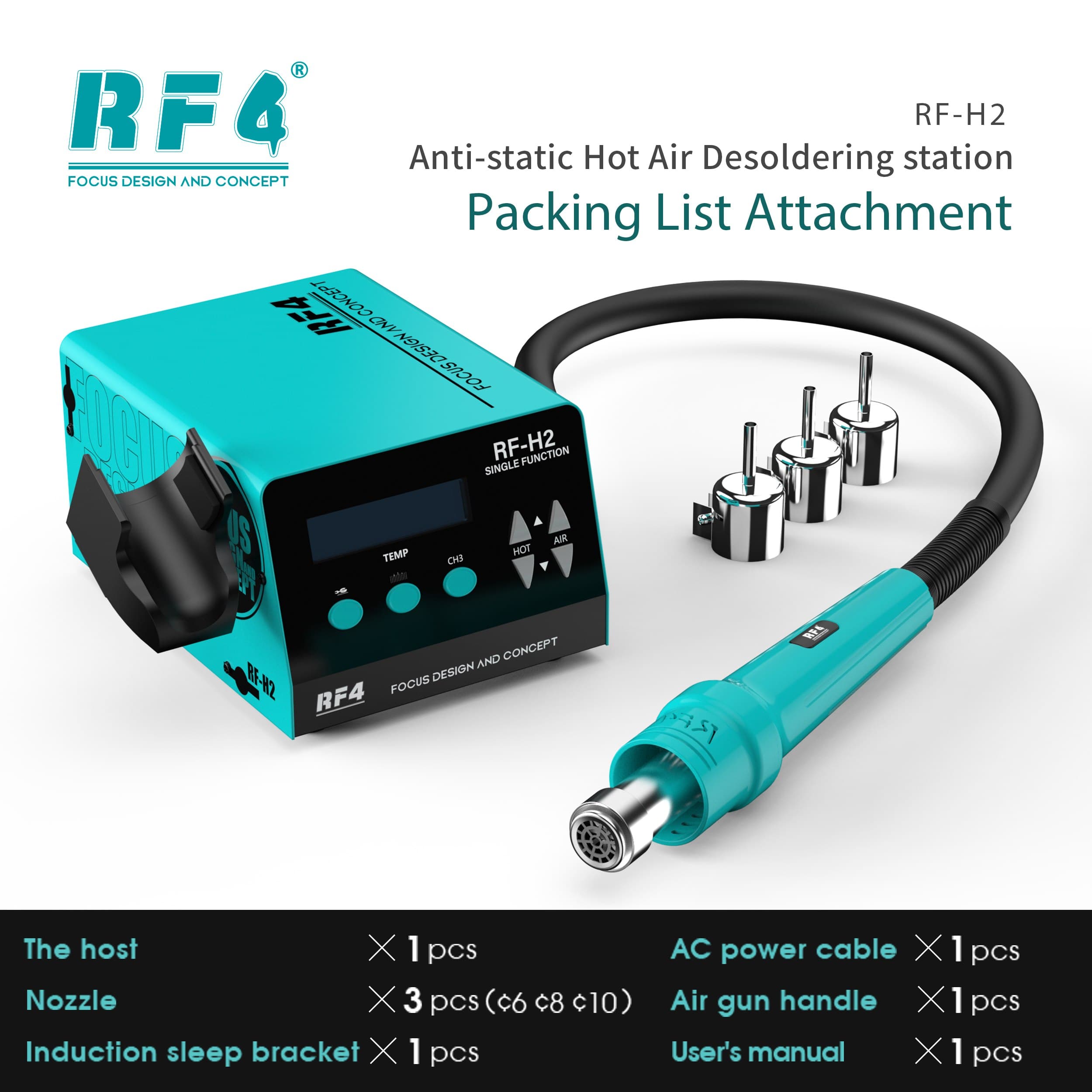 RF4 RF-H2 — itens inclusos: estação, soprador, 3 bocais (⌀6/⌀8/⌀10), suporte indutivo, cabo e manual