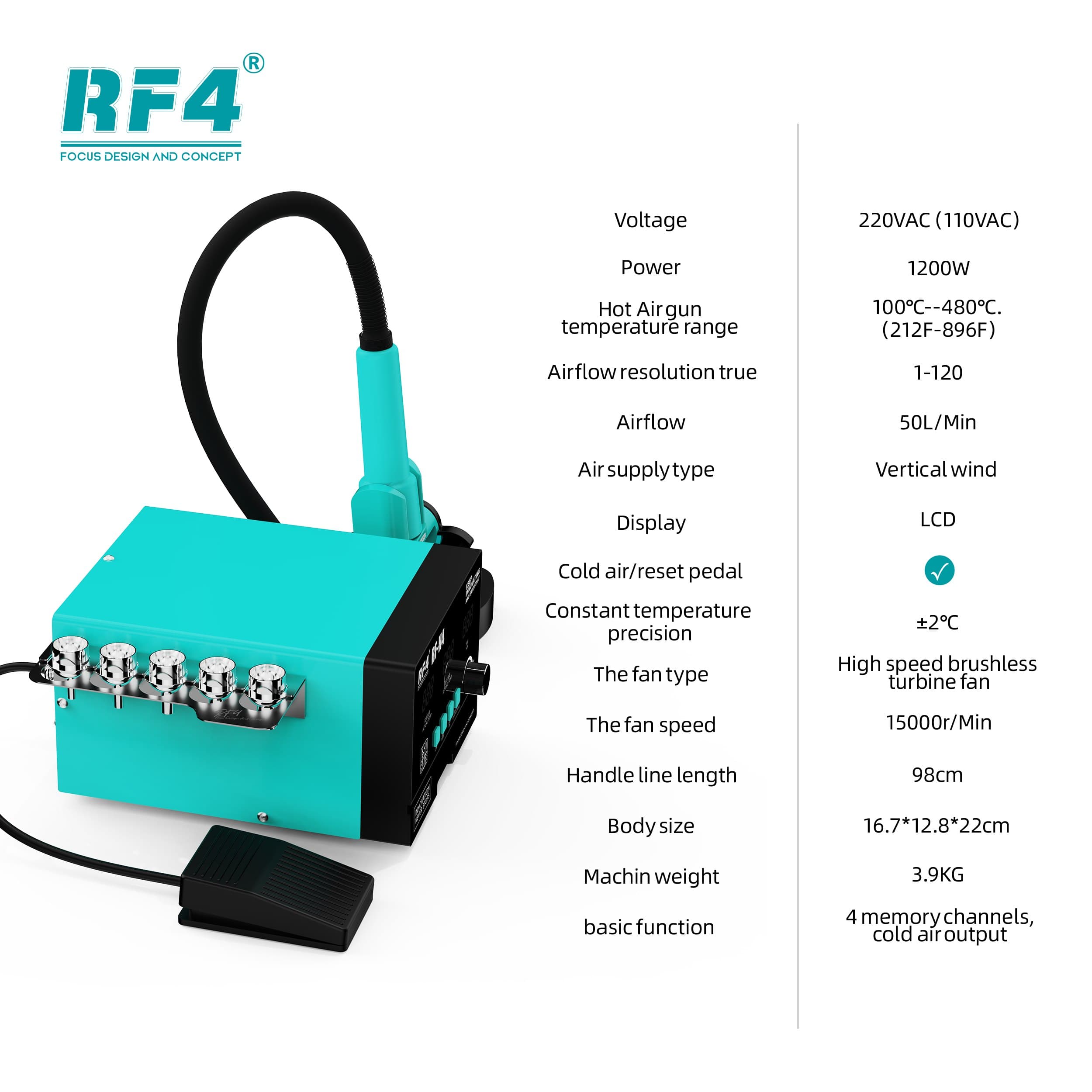 RF4 RF-H4 — ficha técnica: 1200W, 100–480°C ±2°C, 50L/min, turbina 15.000 rpm, pedal de ar frio, 3,9 kg