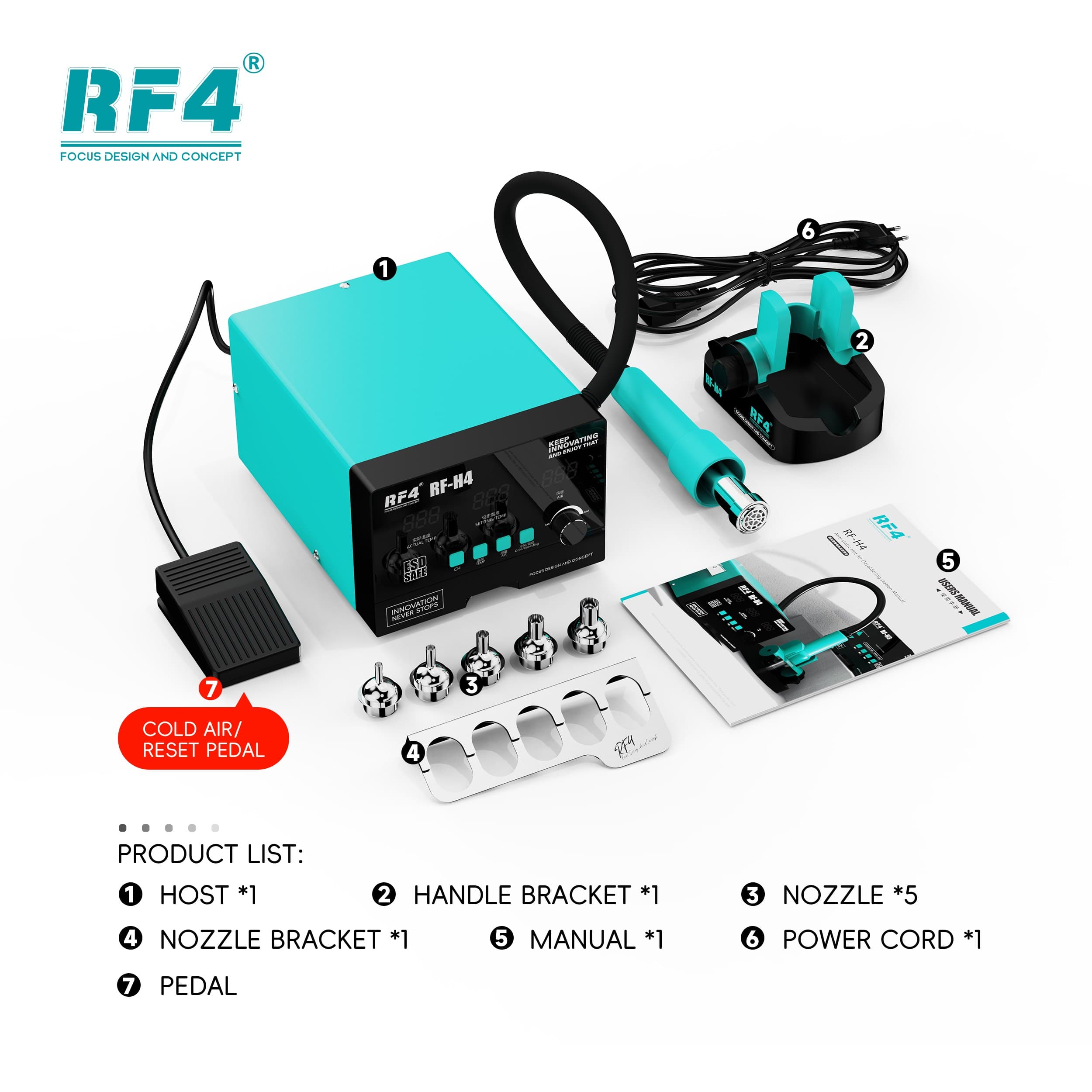 RF4 RF-H4 — itens inclusos: estação, suporte da alça, 5 bocais, suporte de bocais, pedal, cabo e manual
