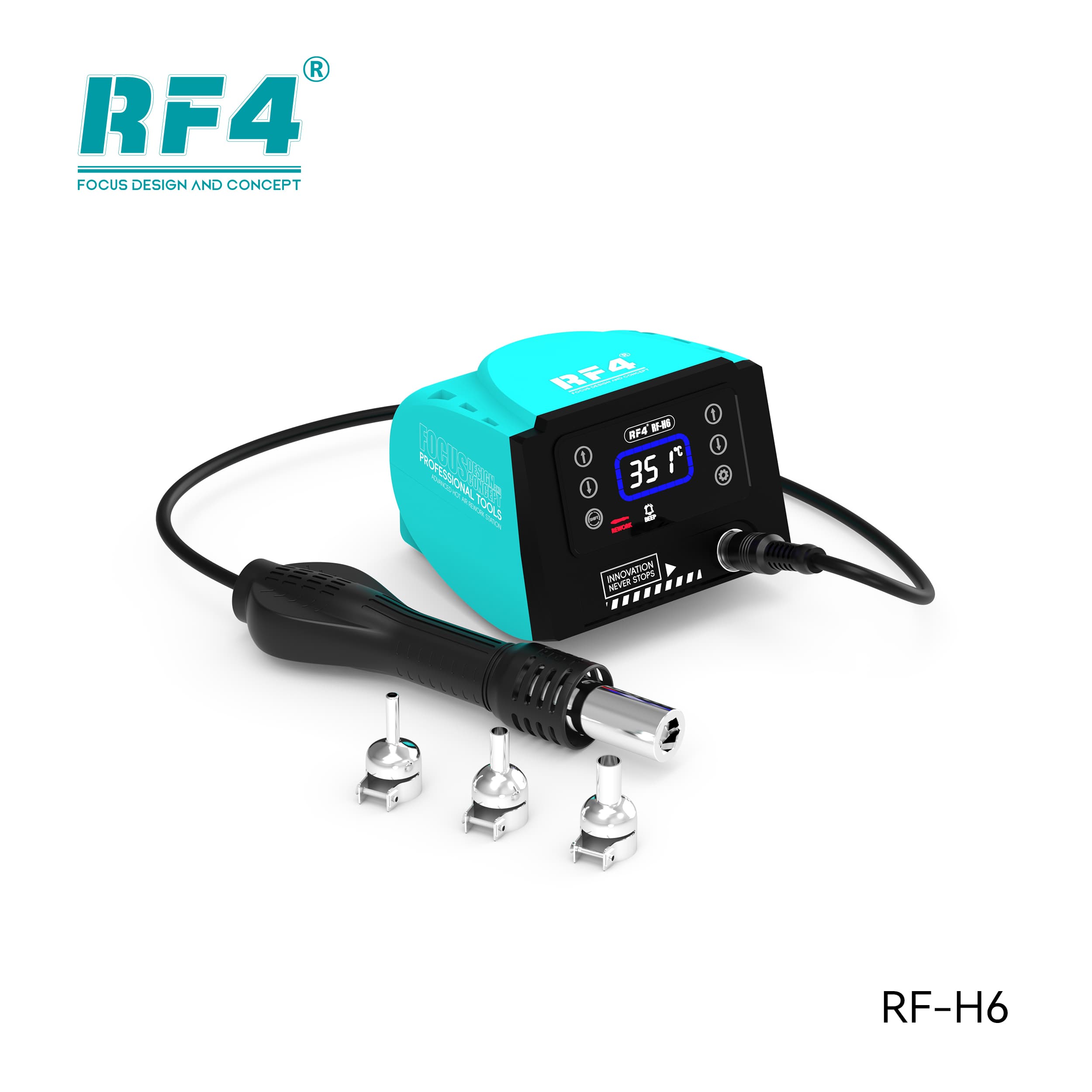 Estação de Ar Quente RF4 RF-H6 — vista 3/4 com tela touch HD e soprador