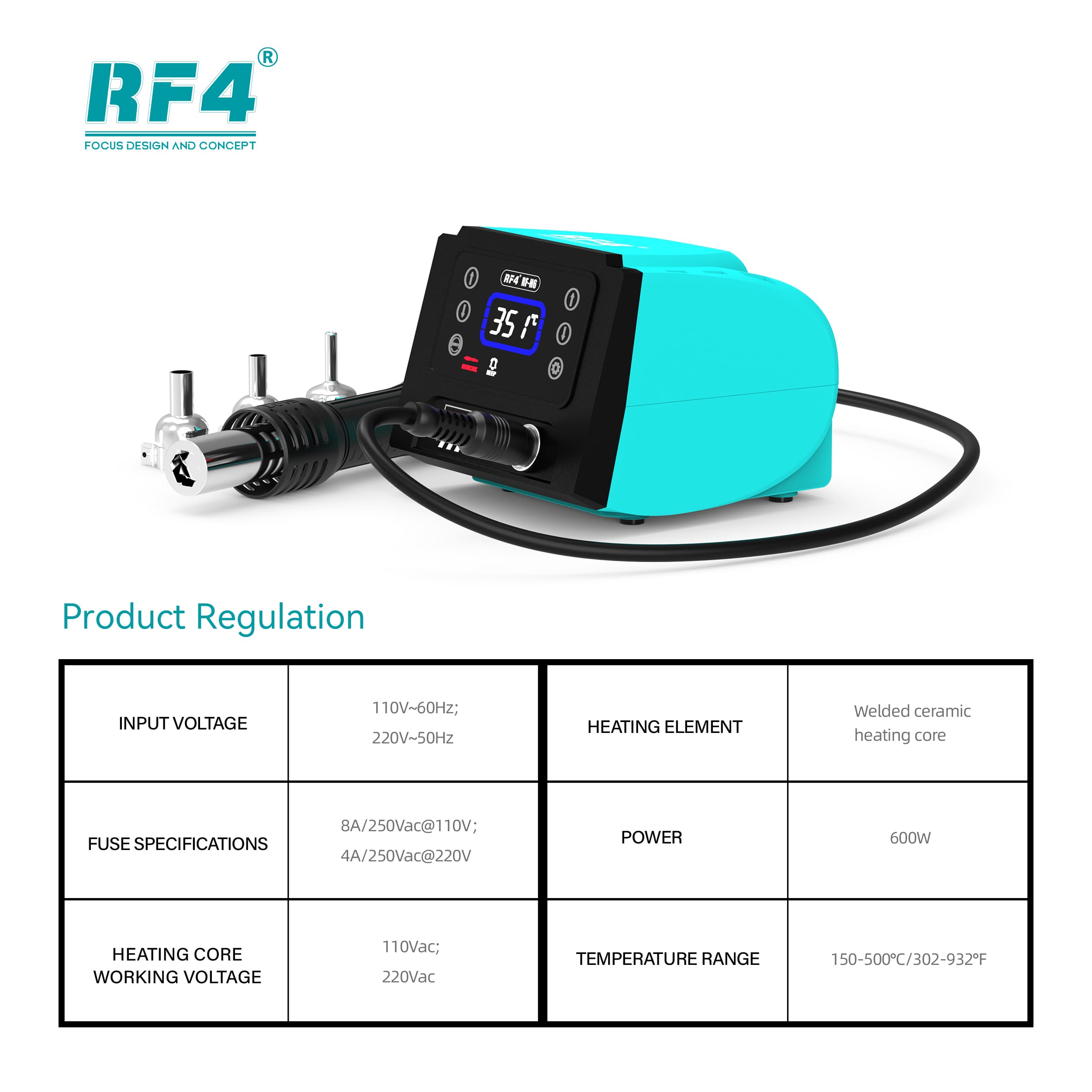 RF4 RF-H6 — regulação: 110V/220V, fusível, núcleo cerâmico soldado, 600W