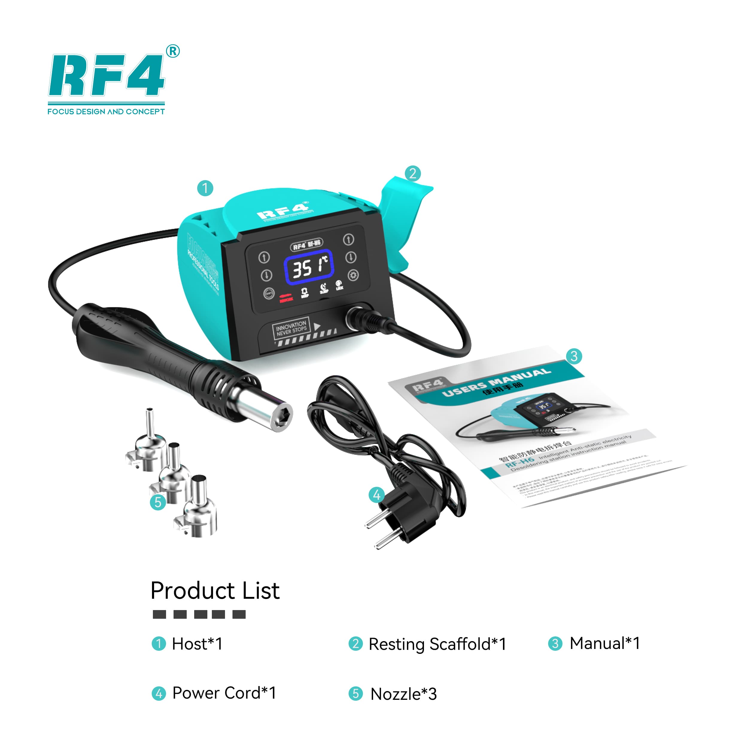 RF4 RF-H6 — itens inclusos: estação, suporte de descanso, 3 bocais, cabo de força e manual