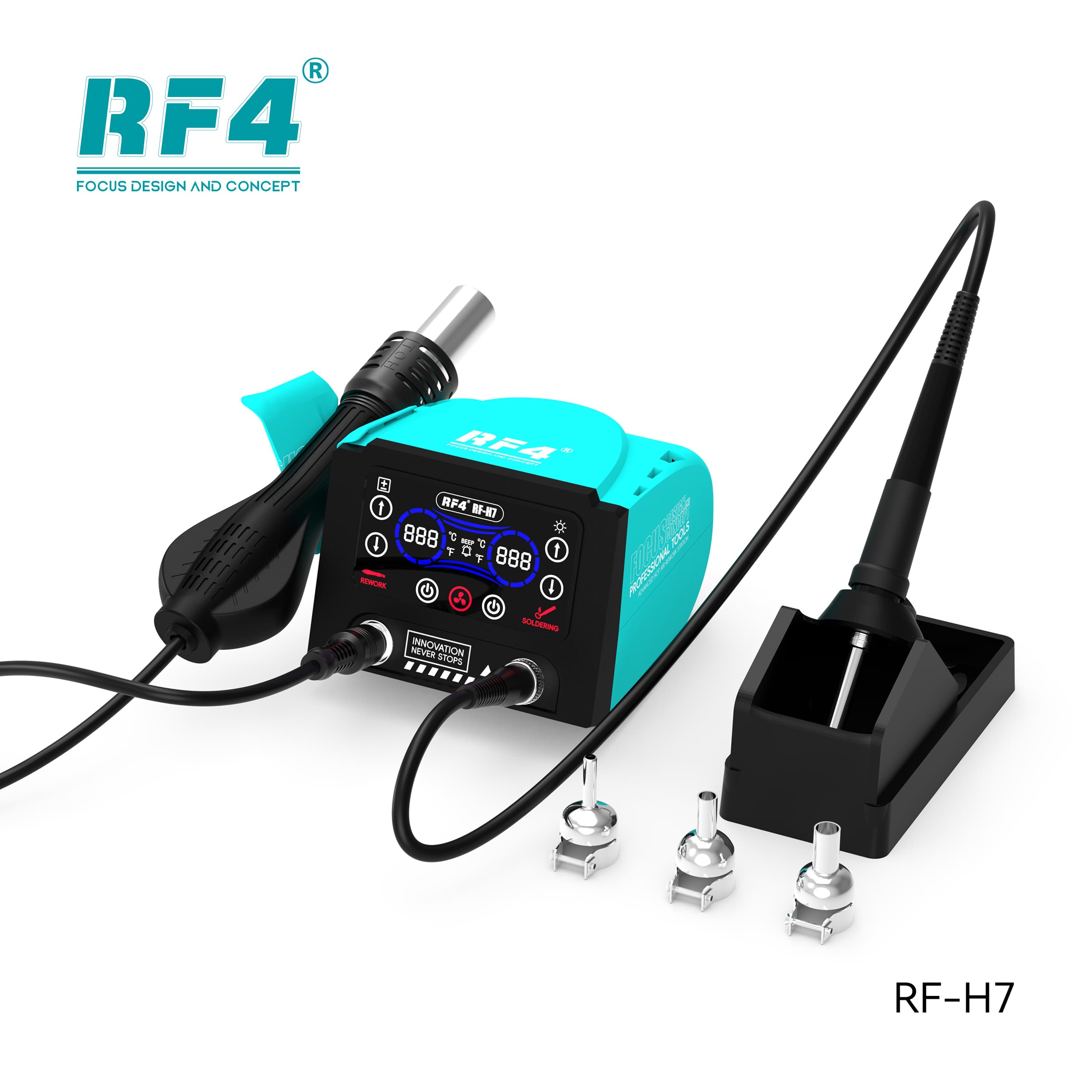 RF4 RF-H7 — vista em ângulo da tela touch e dos conectores
