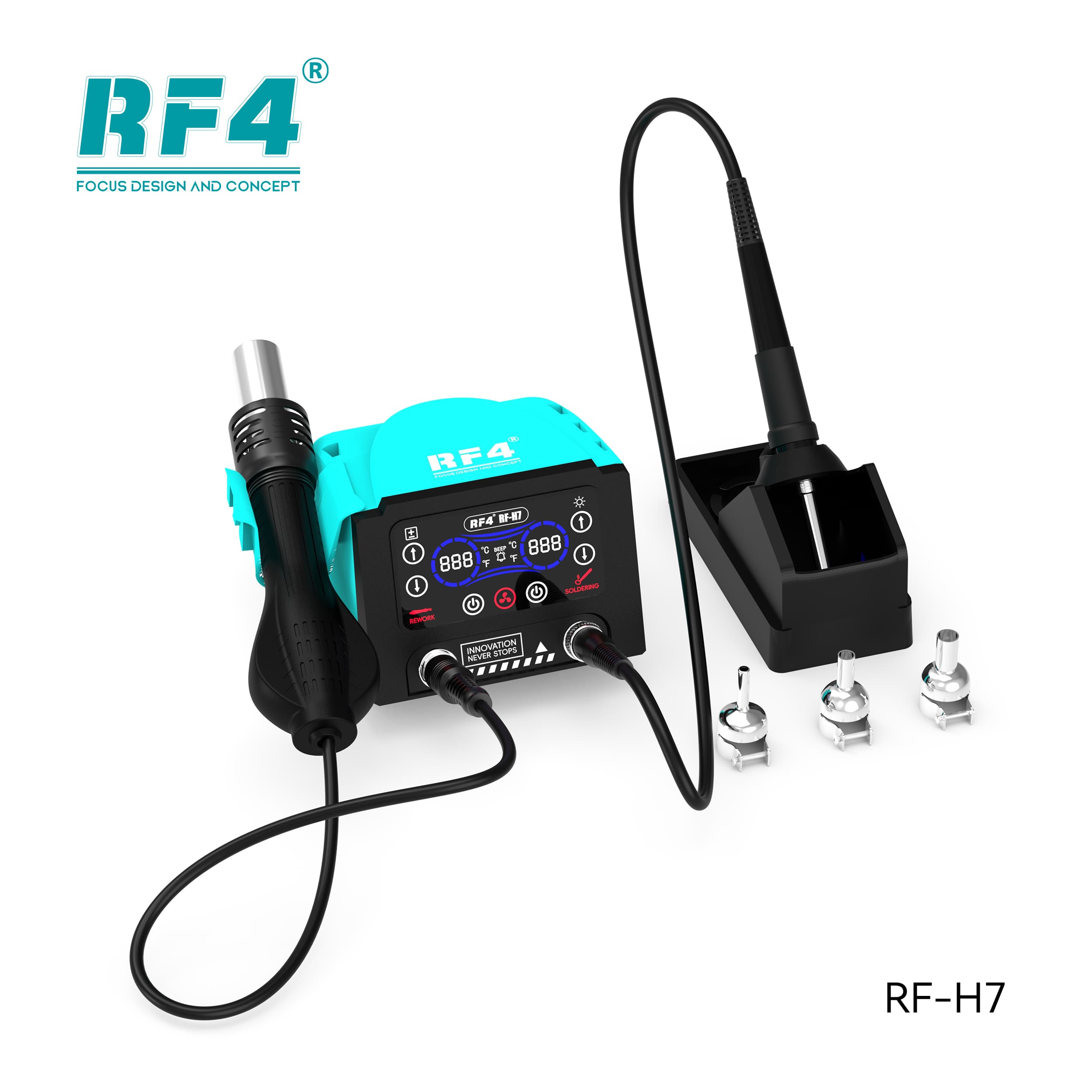 RF4 RF-H7 — estação com ferro de solda no suporte e bocais do ar quente