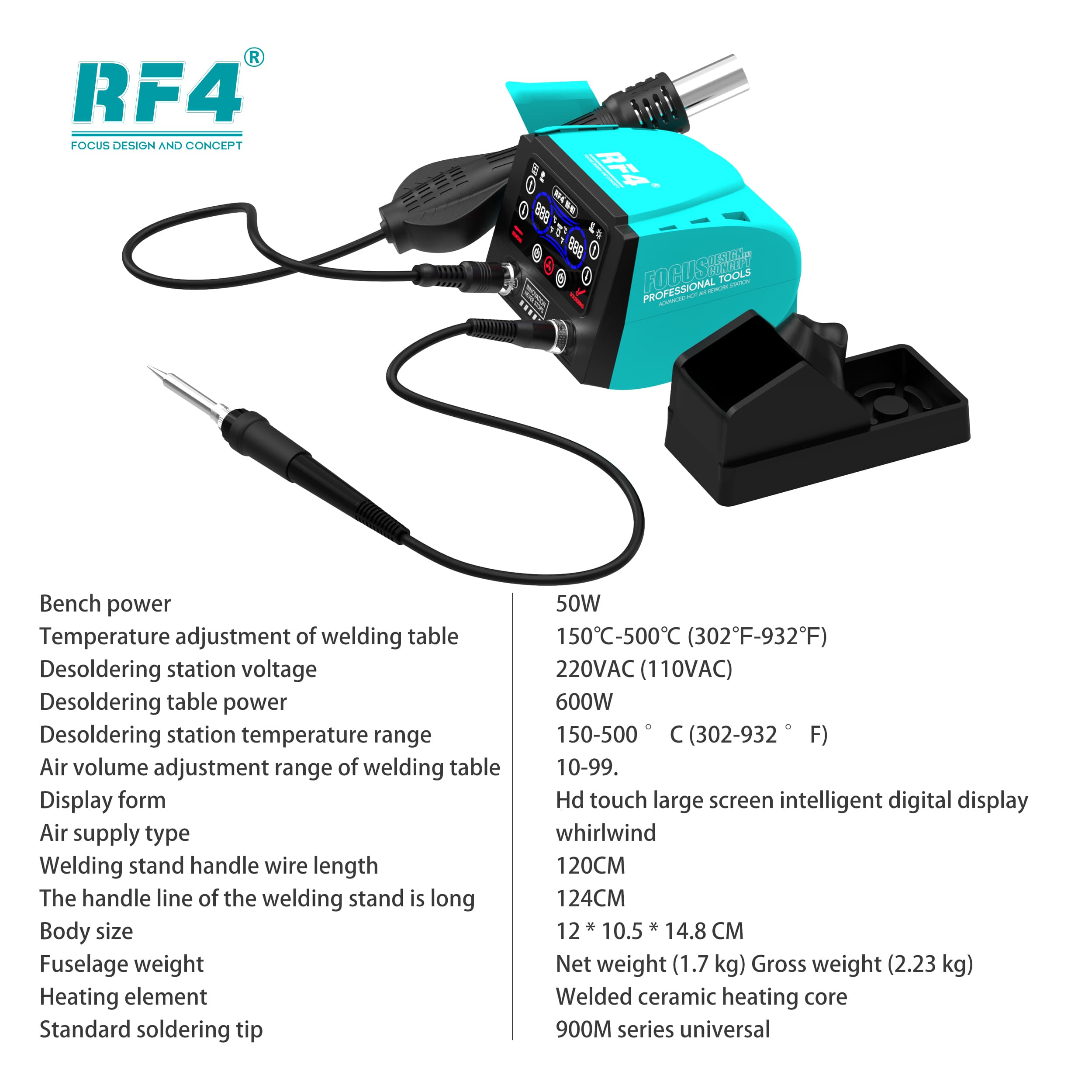 RF4 RF-H7 — especificações completas: fluxo de ar 10–99, tela touch HD, 12×10,5×14,8 cm, 1,7 kg