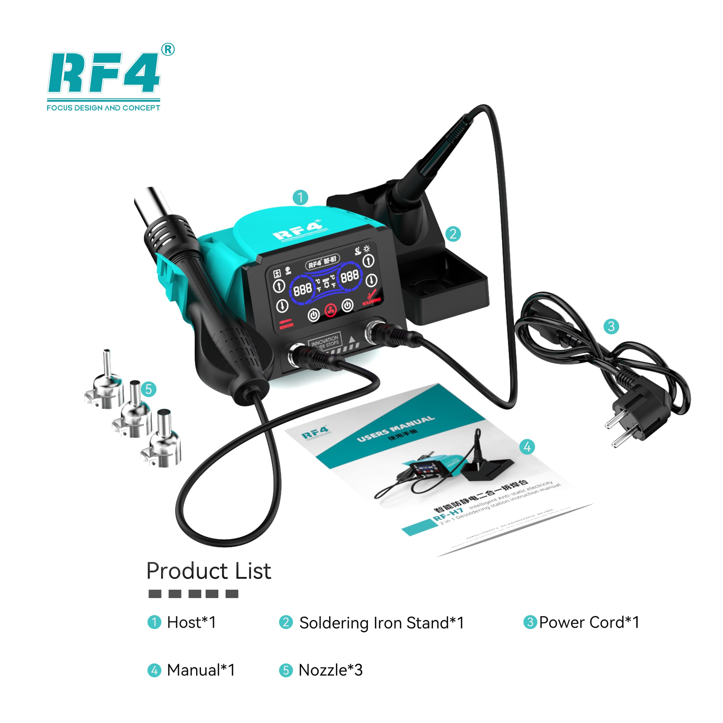 RF4 RF-H7 — itens inclusos: estação, suporte do ferro, cabo de força, manual e 3 bocais