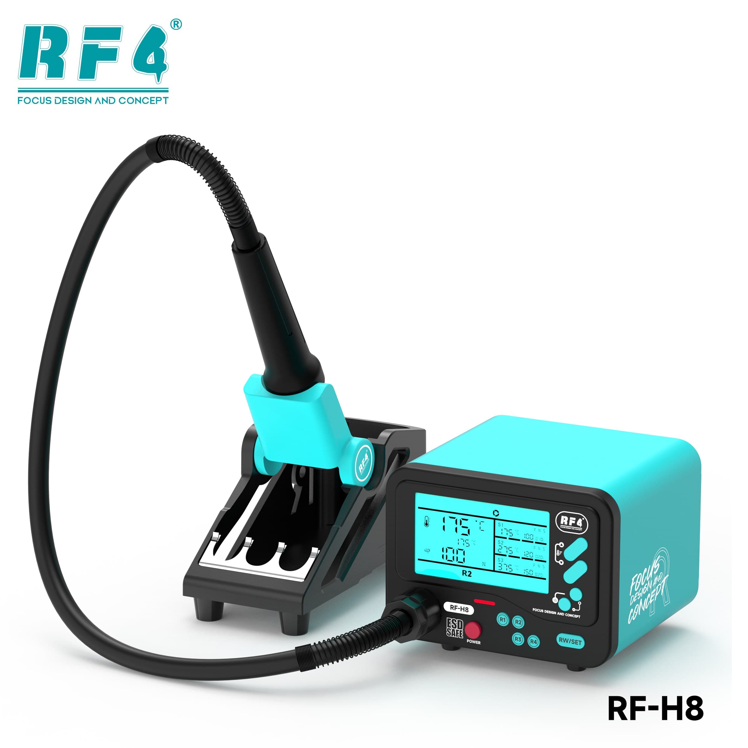 Estação de Ar Quente RF4 RF-H8 — display HD ligado mostrando curva de 3 estágios e soprador no suporte