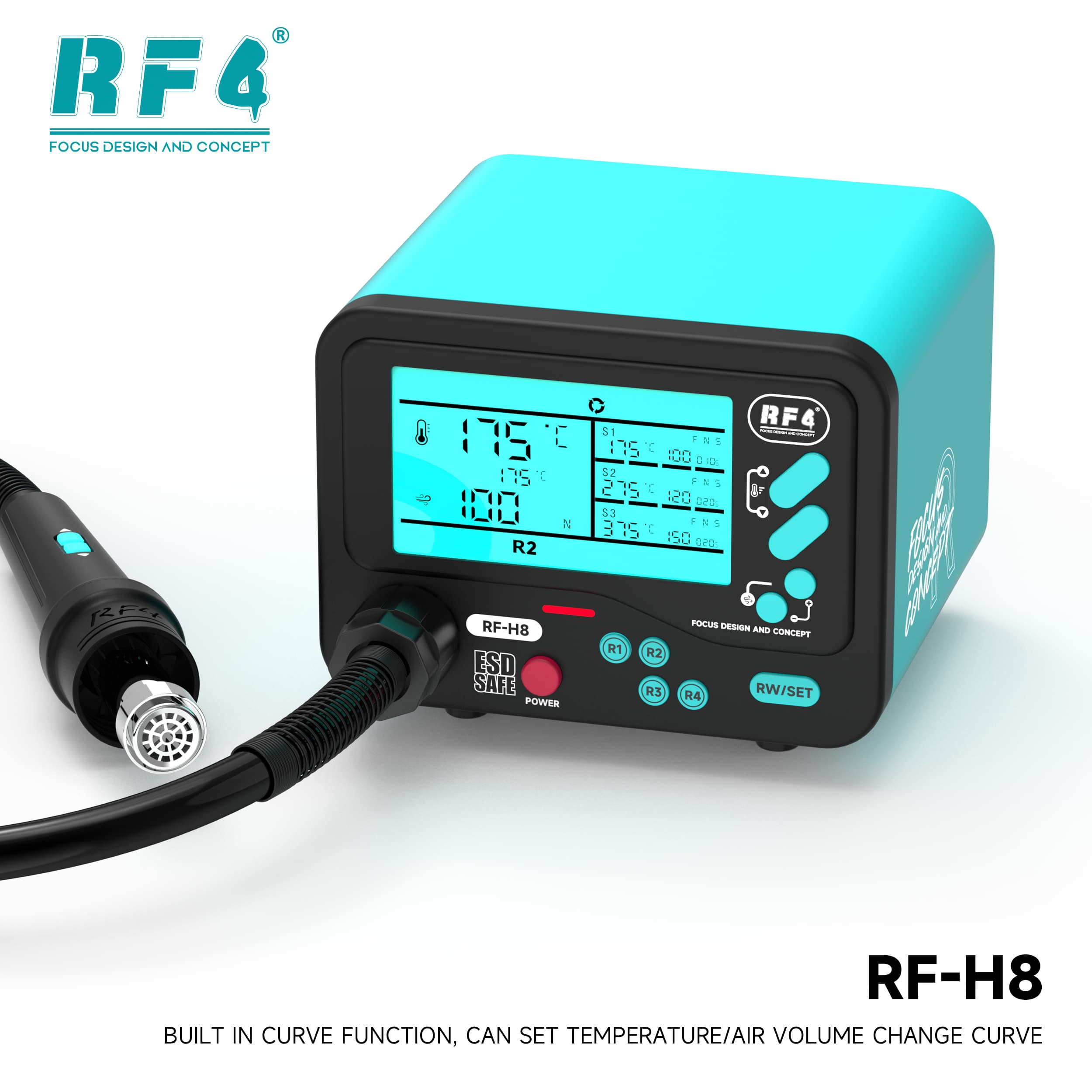 RF4 RF-H8 — close do display com a função curva: temperatura e fluxo programados por estágio