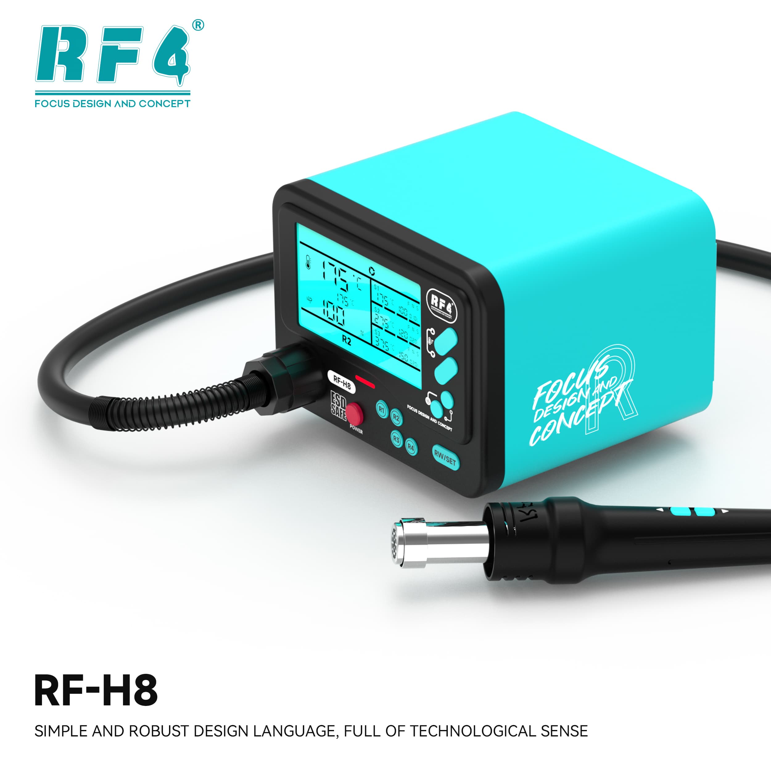 RF4 RF-H8 — vista frontal com botões R1–R4 e RW/SET