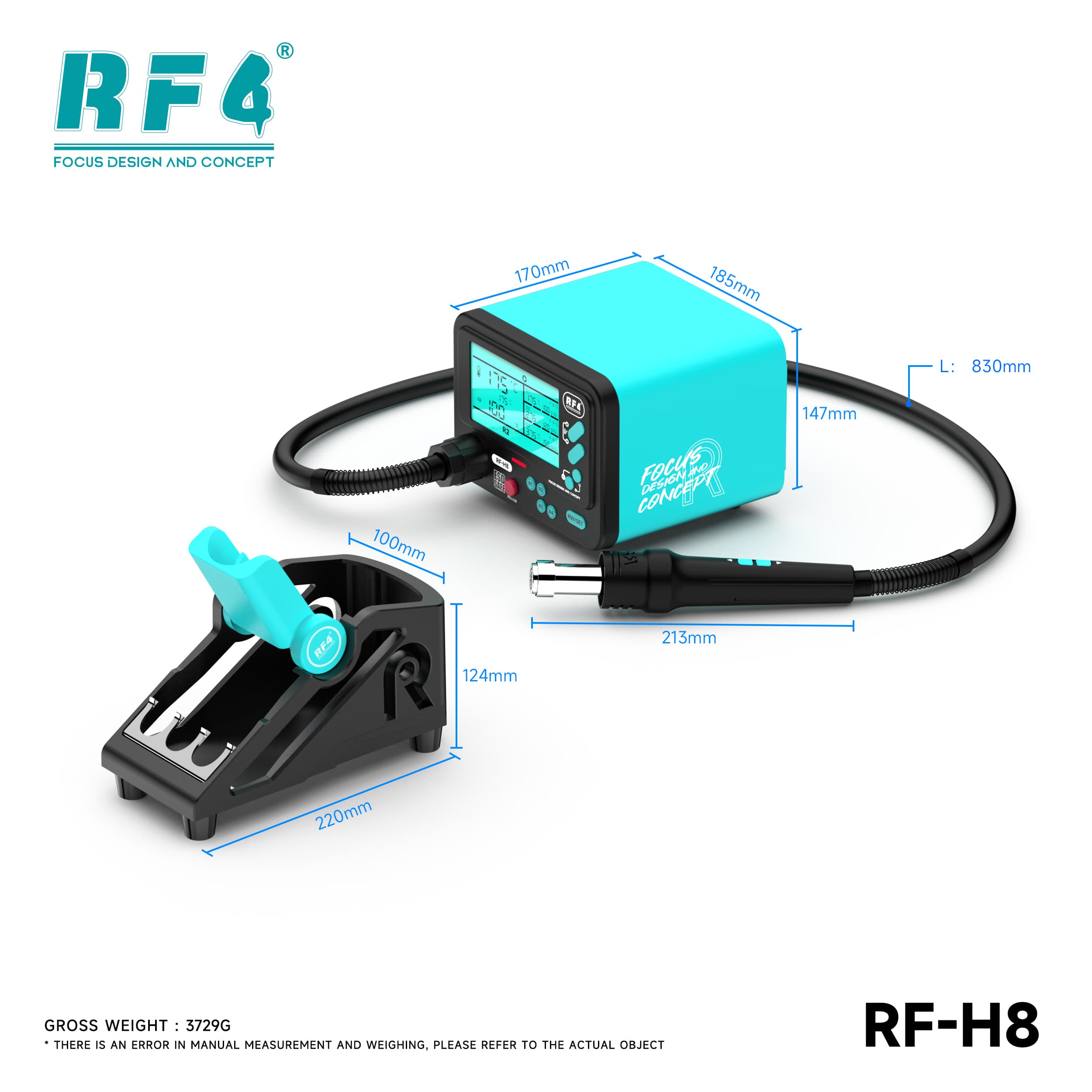 RF4 RF-H8 — dimensões: corpo 17 × 18,5 × 14,7 cm, alça 21,3 cm, cabo 83 cm