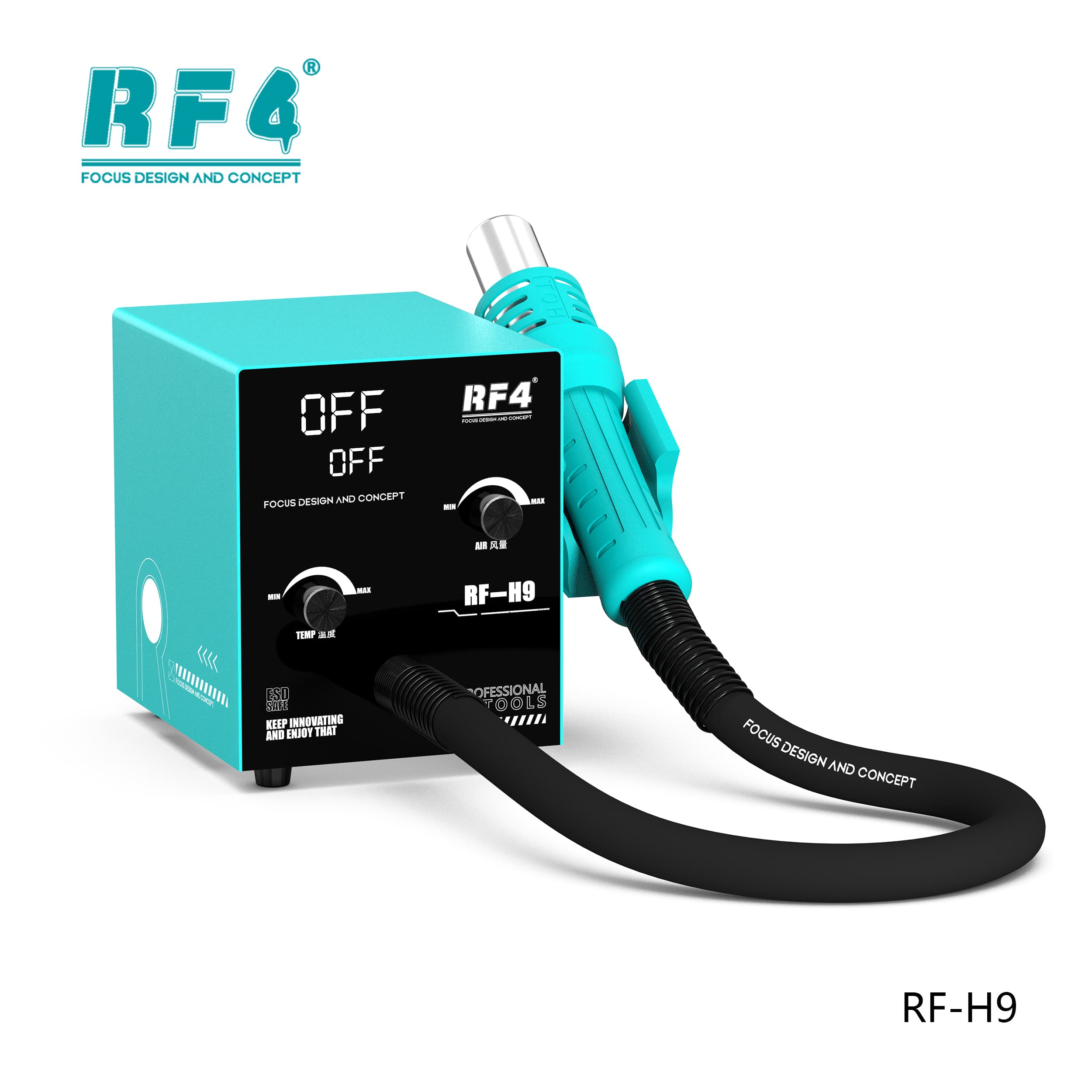 RF4 RF-H9 — vista 3/4 com soprador acoplado no berço e knobs de temperatura e ar