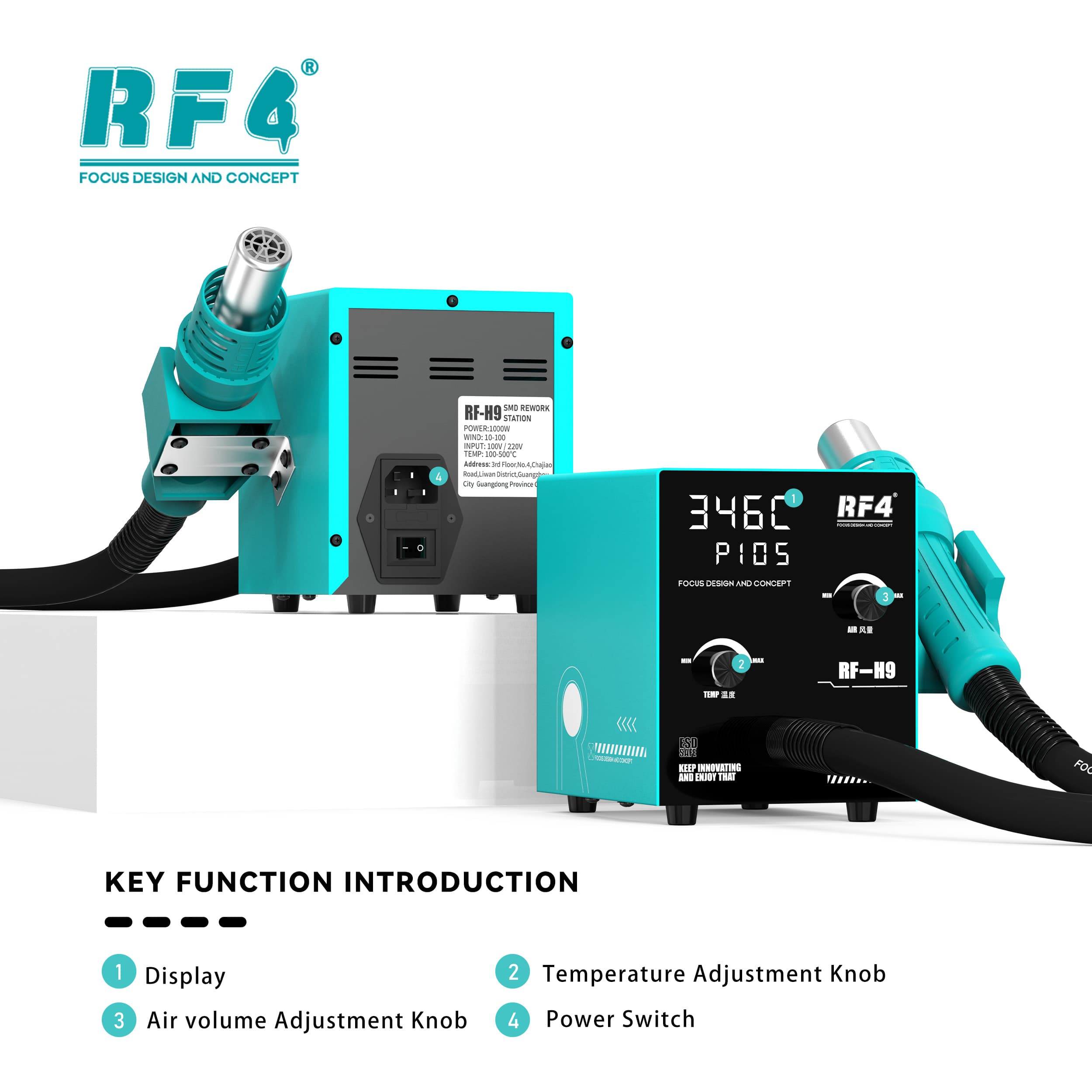 RF4 RF-H9 — funções: display digital, knobs de temperatura/ar e chave de energia