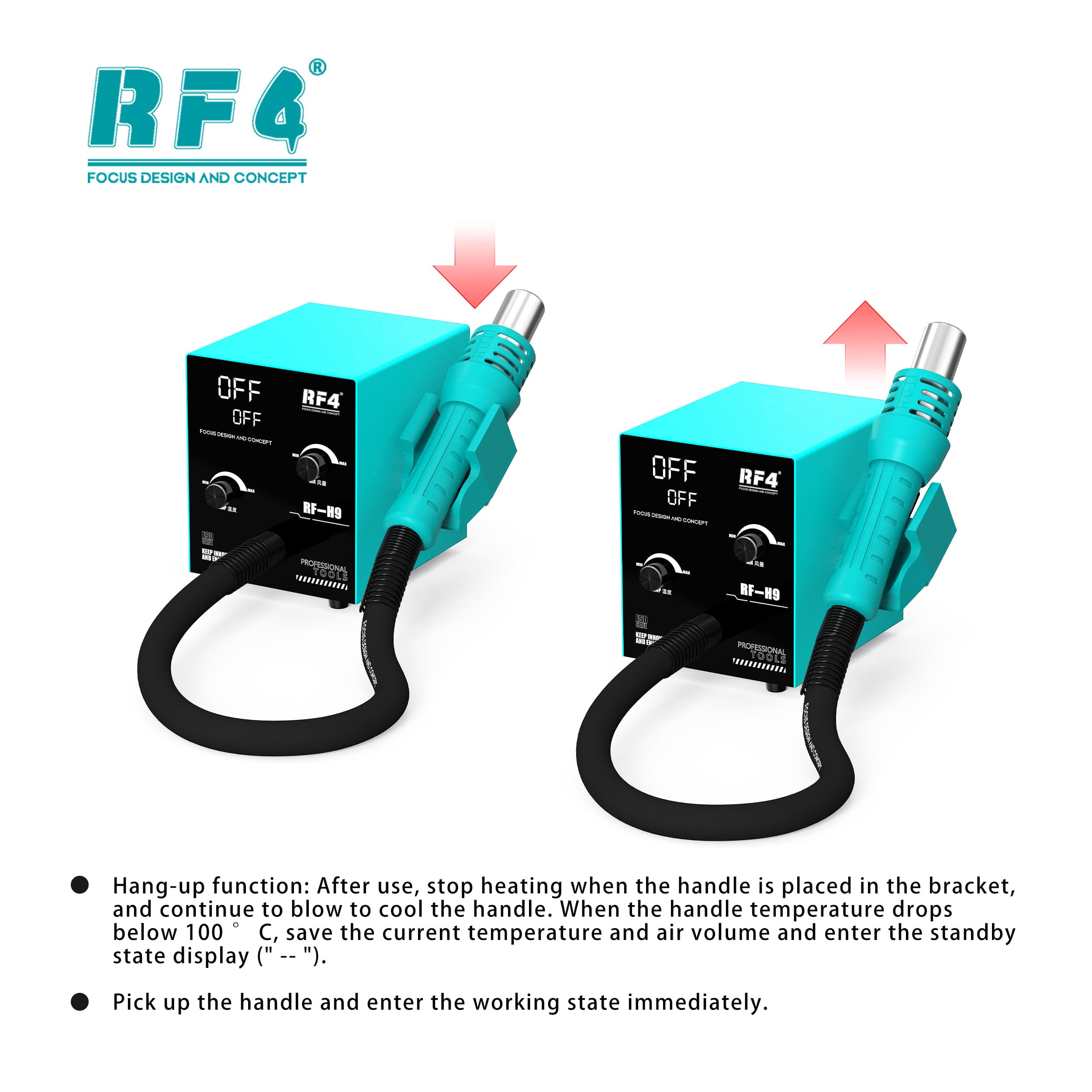 RF4 RF-H9 — função hang-up: apoiou no berço, para de aquecer e resfria; pegou, volta na hora