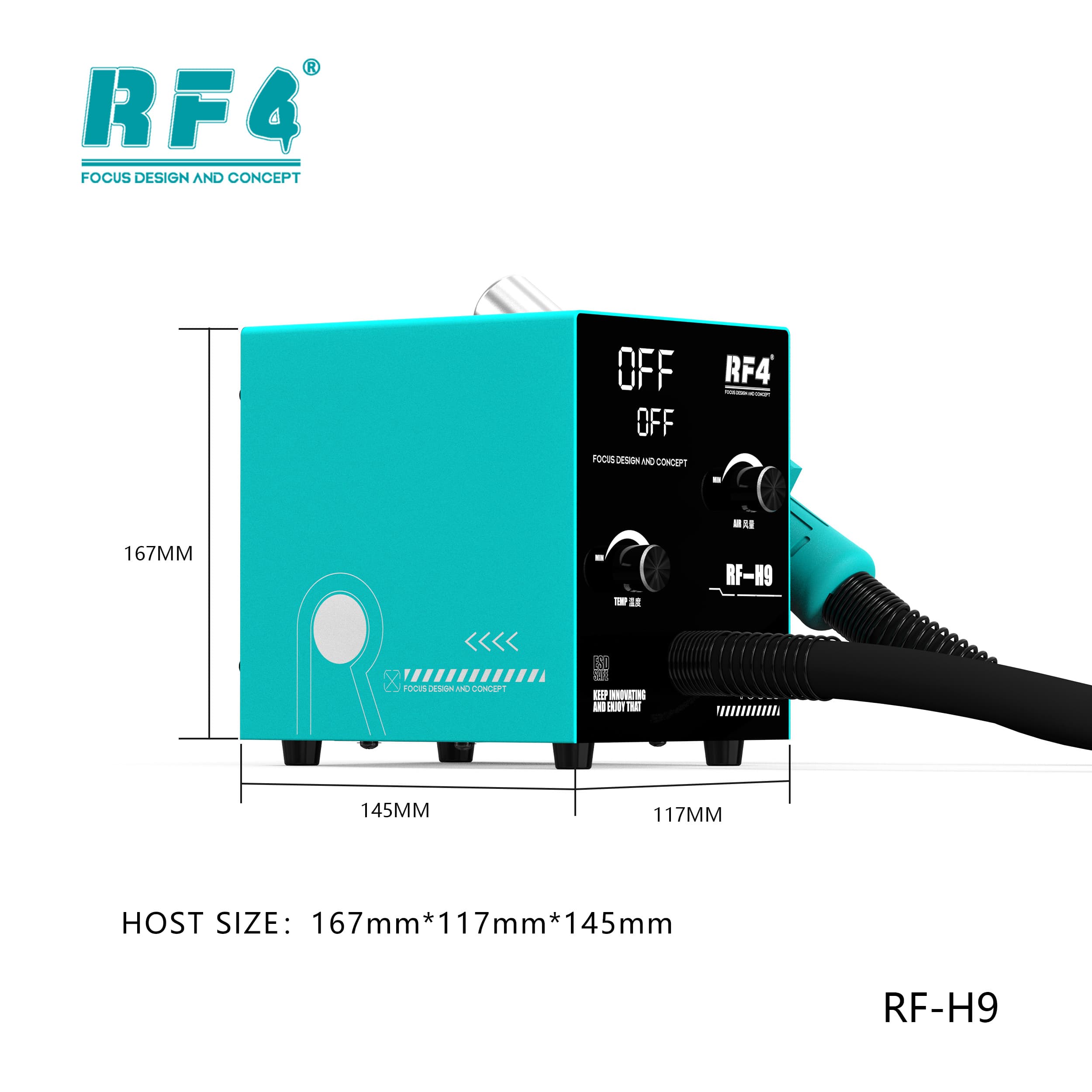 RF4 RF-H9 — dimensões do corpo: 167 × 117 × 145 mm