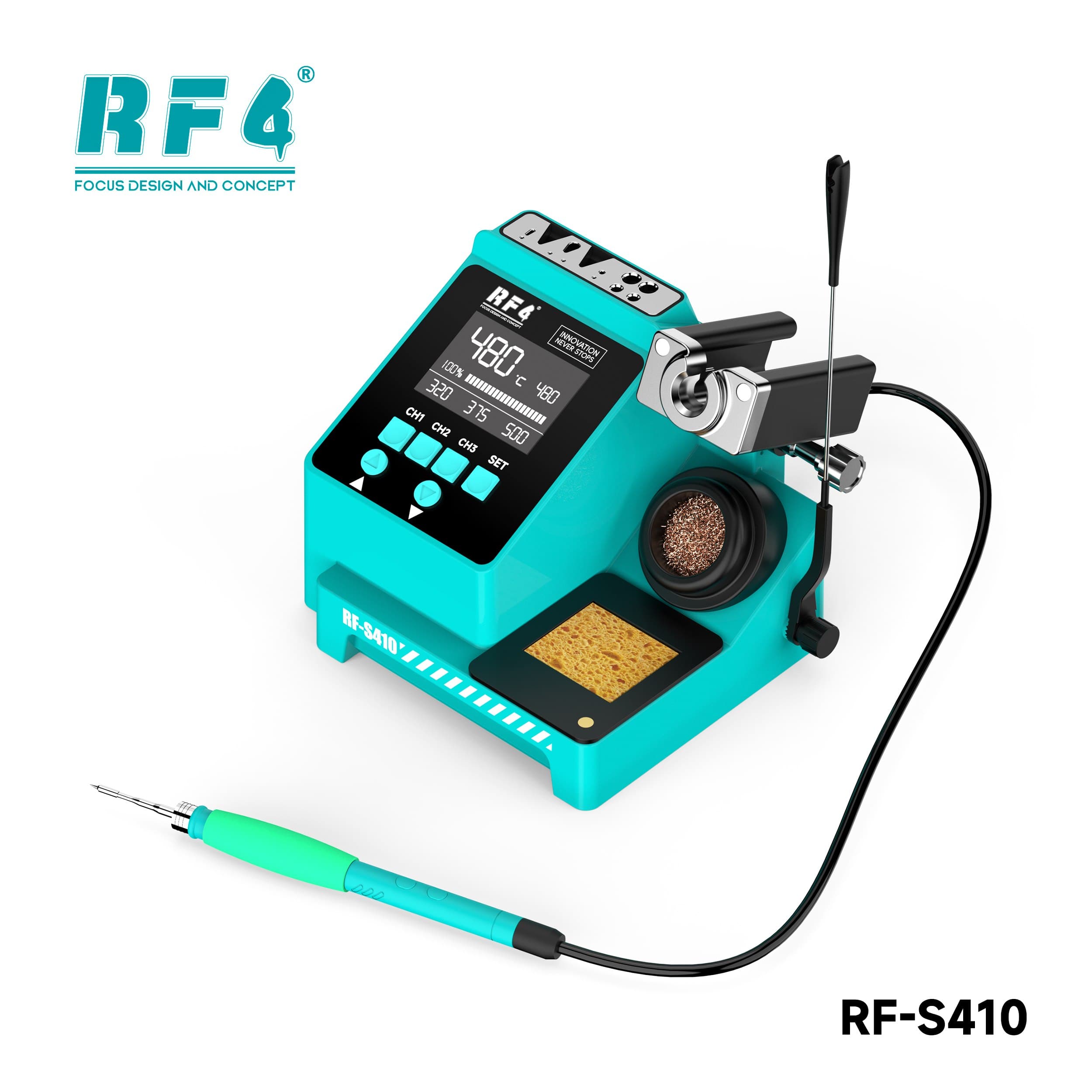 Estação de Solda RF4 RF-S410 — vista frontal com display, canais de memória, suporte e ferro