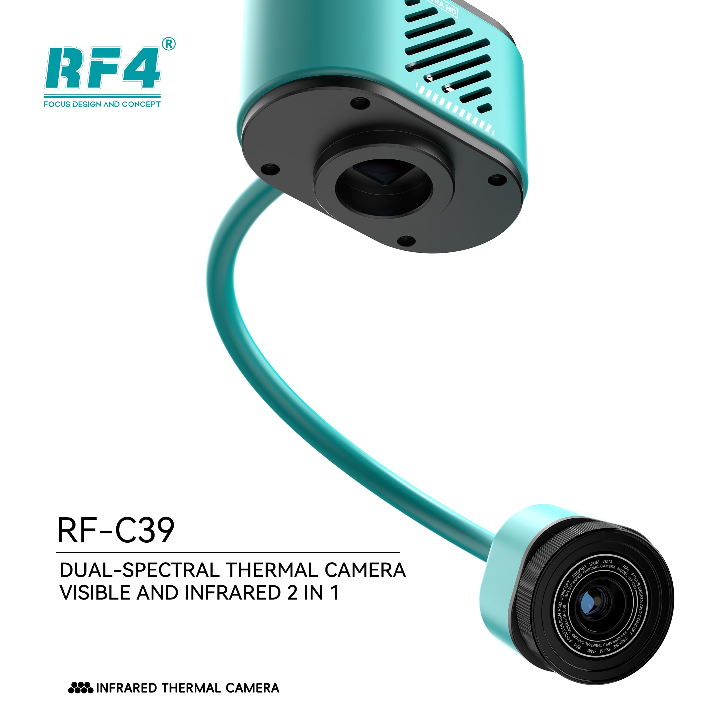 Câmera Térmica Dupla RF4 RF-C39 — cabeçote da câmera 4K e cabeçote térmico infravermelho ligados pelo braço flexível