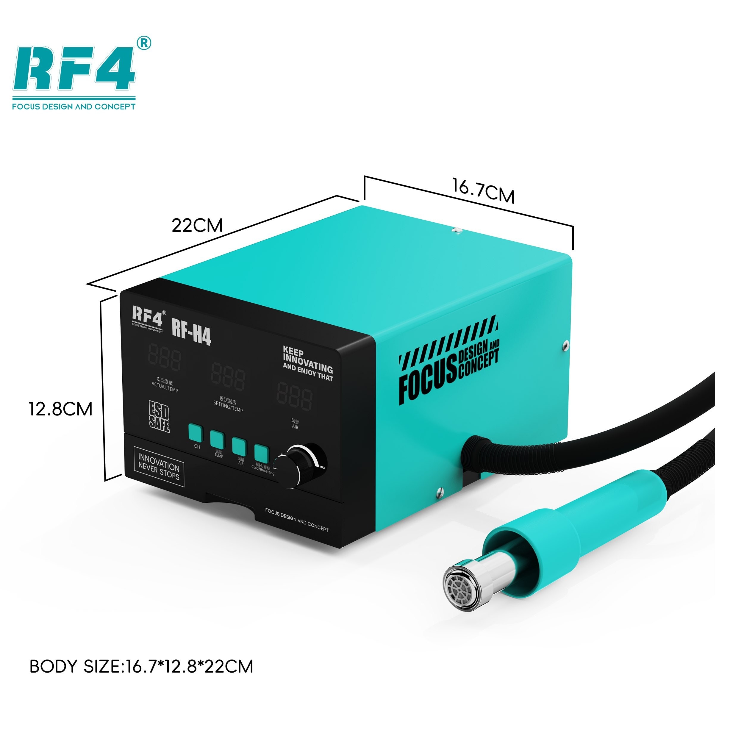 Estação de Ar Quente RF4 RF-H4 — vista 3/4 com dimensões do corpo: 16,7 × 12,8 × 22 cm