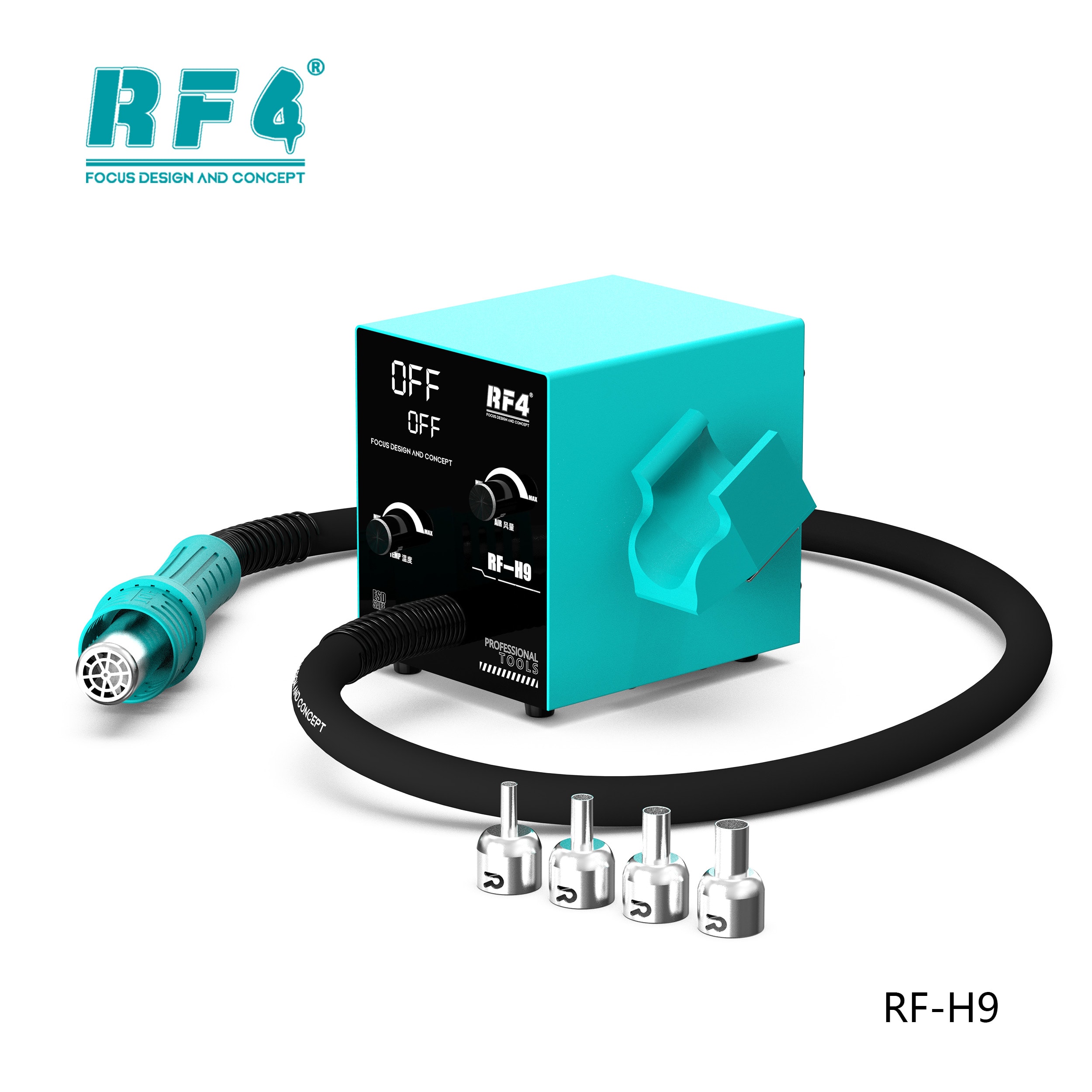 Estação de Ar Quente RF4 RF-H9 — cubo compacto com berço lateral, soprador e 4 bocais